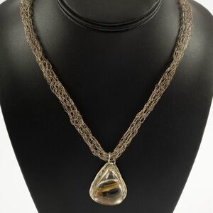 Silver Tone Mesh Necklace with Golden Rutile Quartz Pendant 18”